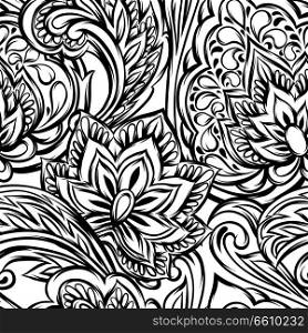 Indian ethnic seamless pattern. Ethnic folk ornament. Hand drawn lotus flower and paisley.. Indian ethnic seamless pattern.