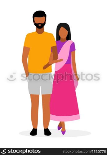 Indian family flat illustration. Asian couple cartoon characters. Wife in traditional indian dhoti and husband in casual clothing isolated on white background. Traditional indian woman wearing sari
