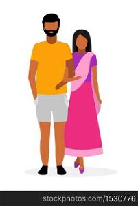 Indian family flat illustration. Asian couple cartoon characters. Wife in traditional indian dhoti and husband in casual clothing isolated on white background. Traditional indian woman wearing sari