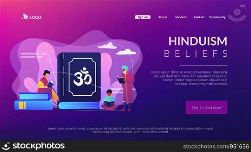 Indian family in traditional clothes reading Hindu texts, tiny people. The Vedas, Books of Knowledge, Hindu sacred text and Hinduism beliefs concept. Website homepage landing web page template.. Hinduism concept landing page.