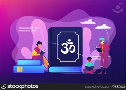 Indian family in traditional clothes reading Hindu texts, tiny people. The Vedas, Books of Knowledge, Hindu sacred text and Hinduism beliefs concept. Bright vibrant violet vector isolated illustration. Hinduism concept vector illustration.