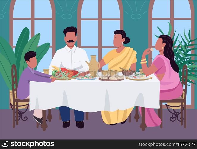 Indian family meal flat color vector illustration. Traditional dinner at table with children and parents in Asia. Household lunch. Relatives 2D cartoon characters with interior on background. Indian family meal flat color vector illustration