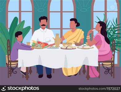 Indian family meal flat color vector illustration. Traditional dinner at table with children and parents in Asia. Household lunch. Relatives 2D cartoon characters with interior on background. Indian family meal flat color vector illustration