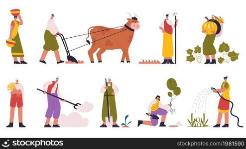Indian farmers, rural farm characters planting and harvesting. Farmers in traditional clothes plowing soil, planting crops vector illustration set. Indian farm workers. Rural farm worker with animal. Indian farmers, rural farm characters planting and harvesting. Farmers in traditional clothes plowing soil, planting crops vector illustration set. Indian farm workers