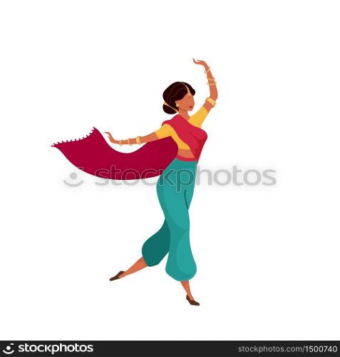 Indian female performer flat color vector faceless character. Traditional diwali celebration. Dancer in ethnic clothes. Teej festival isolated cartoon illustration for web graphic design and animation. Indian female performer flat color vector faceless character
