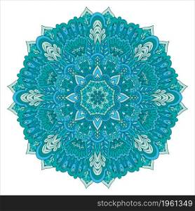 Indian floral paisley ethnic Mandala flower print. Vector medallion. Festive colorful folk art style design element decorated with ornaments. Abstract Blue ethnic geometric arabesque mandala.