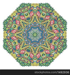 Indian floral paisley ornament. Ethnic Mandala flower print. Festive colorful design element isolated. Vector hand drawn doodle mandala. Ethnic star flower with colorful ornament. Isolated. Illustration on doodle style.