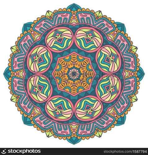 Indian floral paisley ornament. Ethnic Mandala flower print. Vector Henna tattoo style. Festive colorful design element isolated. Geometric folk art mandala floral design ornament stylish element