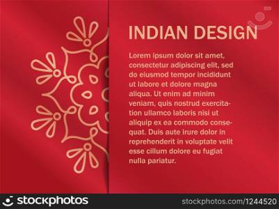 Indian flower ornament like snowflake on red cloth texture with space for text. Indian style wedding invitation
