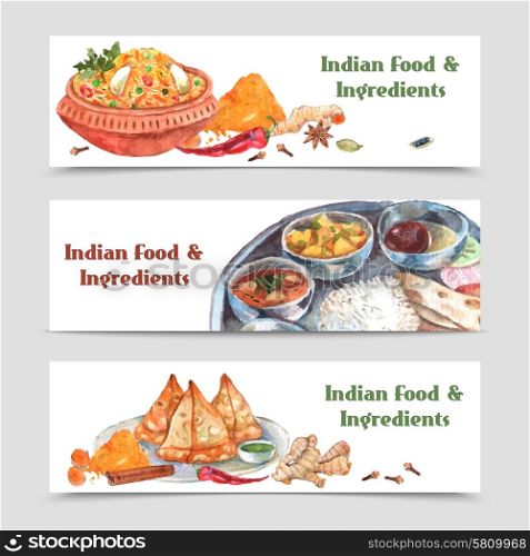 Indian Food Banners Set. Indian food watercolor horizontal banners set with spices rice and ingredients isolated vector illustration