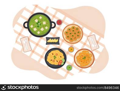 Indian Food Cartoon Illustration with Various Collection of Delicious Traditional Cuisine Dishes in Flat Style Design