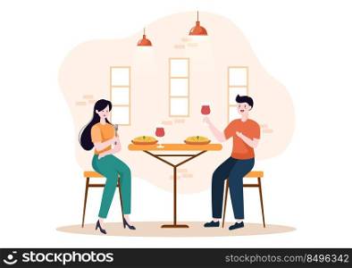 Indian Food Cartoon Illustration with Various Collections of Delicious Traditional Cuisine and Some People Eating it in a Restaurant