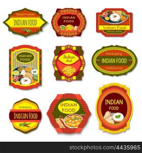 Indian Food Colorful Emblems. Indian food colorful emblems of traditional hot and spicy dishes with beans vegetables herbs isolated vector illustration