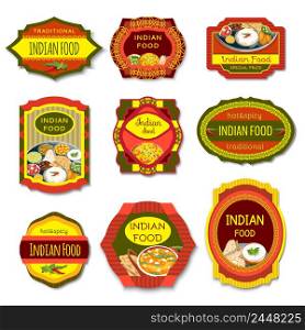 Indian food colorful emblems of traditional hot and spicy dishes with beans vegetables herbs isolated vector illustration . Indian Food Colorful Emblems