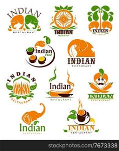 Indian food restaurant vector icons, cartoon emblems with traditional symbols of India. Chili peppers, condiments and elephants with palm trees and lous flower with steaming cup isolated labels set. Indian food restaurant vector icons, emblems set