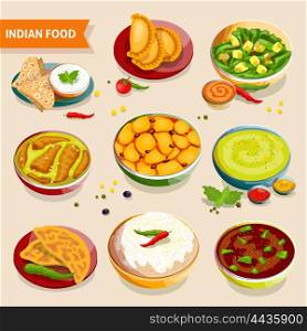Indian Food Set. Indian food set of national dishes with rice beans chicken meat vegetables and spices vector illustration