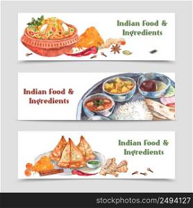 Indian food watercolor horizontal banners set with spices rice and ingredients isolated vector illustration . Indian Food Banners Set