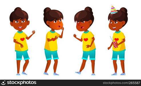 Indian Girl Kid Poses Set Vector. Primary School Child. Hindu. Asian. Party. For Web, Poster, Booklet Design. Isolated Illustration. Indian Girl Kid Poses Set Vector. Primary School Child. Hindu. Asian. Party. For Web, Poster, Booklet Design. Isolated Cartoon Illustration
