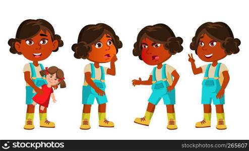 Indian Girl Kindergarten Kid Poses Set Vector. Hindu. Asian. Happy Beautiful Children Character. Playing With Doll. For Advertising, Booklet, Placard Design. Isolated Illustration. Indian Girl Kindergarten Kid Poses Set Vector. Hindu. Asian. Happy Beautiful Children Character. Playing With Doll. For Advertising, Booklet, Placard Design. Isolated Cartoon Illustration