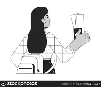 Indian girl with boarding pass flat line black white vector character. Editable outline full body person. Woman tourist with backpack simple cartoon isolated spot illustration for web graphic design. Indian girl with boarding pass flat line black white vector character