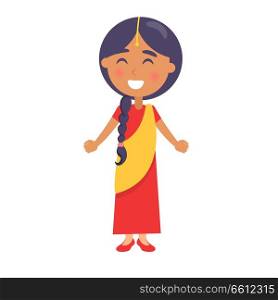 Indian girl with long black hair wishes happy childrens day. Poster dedicated to international holiday for kids all over the world. Indian Smiling Girl Wishes Happy Childrens Day.