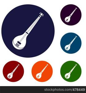 Indian guitar icons set in flat circle red, blue and green color for web. Indian guitar icons set