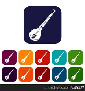 Indian guitar icons set vector illustration in flat style In colors red, blue, green and other. Indian guitar icons set flat