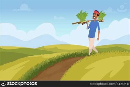 Indian harvesting background. Rural farmer working in field nature people agriculture colored template exact vector illustration. Farmer rural farm with harvest. Indian harvesting background. Rural farmer working in field nature people agriculture colored template exact vector illustration
