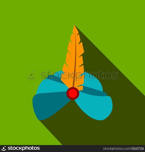 Indian headgear turban with feather icon in flat style on a green background . Indian headgear turban with feather icon