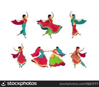 Indian holiday celebration flat color vector faceless characters set. Diwali holiday performance. Woman in saree dance. Teej festival isolated cartoon illustrations on white background. Indian holiday celebration flat color vector faceless characters set
