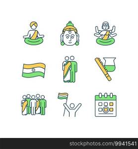 Indian holiday RGB color icons set. India traditional festival. Hinduism religious fest. Buddhism, hindu customs. Teej celebration. Independent republic. Isolated vector illustrations. Indian holiday RGB color icons set