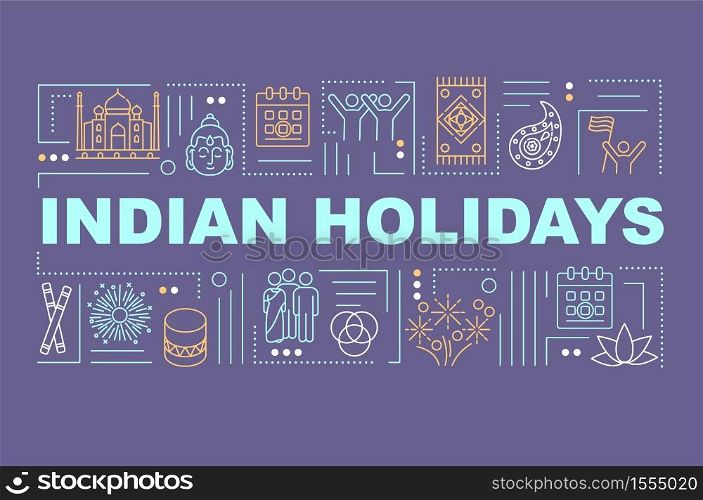 Indian holidays word concepts banner. Culture and traditions of India and hindu traditions infographics with linear icons on pink background. Isolated typography. Vector outline RGB color illustration. Indian holidays word concepts banner