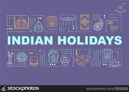 Indian holidays word concepts banner. Culture and traditions of India and hindu traditions infographics with linear icons on pink background. Isolated typography. Vector outline RGB color illustration. Indian holidays word concepts banner