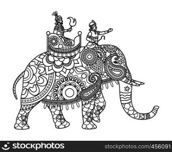 Indian maharajah on the elephant coloring pages template. Vector illustration. Indian maharajah on elephant coloring pages