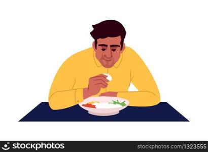 Indian man eating rice with hands semi flat RGB color vector illustration. Ethnic oriental cuisine. Young dark skin man enjoying traditional asian dish isolated cartoon character on white background