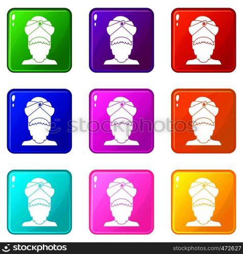 Indian man icons of 9 color set isolated vector illustration. Indian man icons 9 set