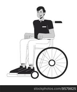 Indian man in wheelchair flat line black white vector character. Person with disability. Young man. Editable outline full body person. Simple cartoon isolated spot illustration for web graphic design. Indian man in wheelchair flat line black white vector character