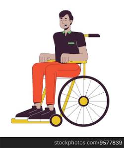 Indian man in wheelchair flat line color vector character. Person with disability. Young man. Editable outline full body person on white. Simple cartoon spot illustration for web graphic design. Indian man in wheelchair flat line color vector character