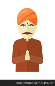 Indian Man Isolated on White Background.. Indian man isolated on white background. Indian sadhu with crossed hands in colorful turban and robes. Hindu sadhu monk meditating. Man from India in national yoga suit. Vector illustration
