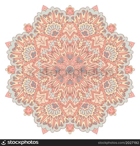 Indian mandala print. Vector medallion folk art style design in pastel colors. Trendy african tribal seamless pattern for fabric. Bohemian nomadic style doodle handdrawn arts.