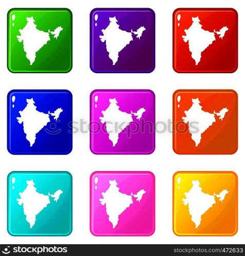 Indian map icons of 9 color set isolated vector illustration. Indian map icons 9 set