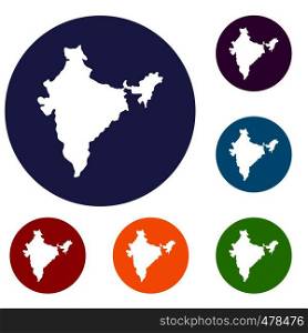 Indian map icons set in flat circle red, blue and green color for web. Indian map icons set