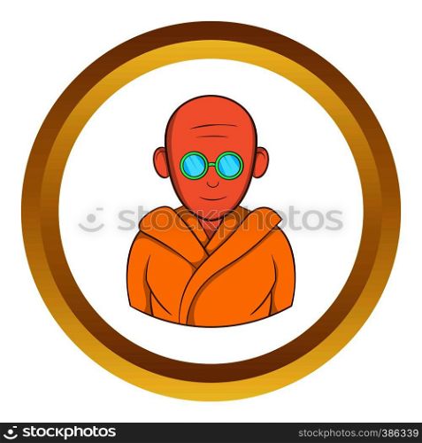 Indian monk in sunglasses vector icon in golden circle, cartoon style isolated on white background. Indian monk in sunglasses vector icon