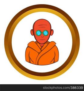 Indian monk in sunglasses vector icon in golden circle, cartoon style isolated on white background. Indian monk in sunglasses vector icon