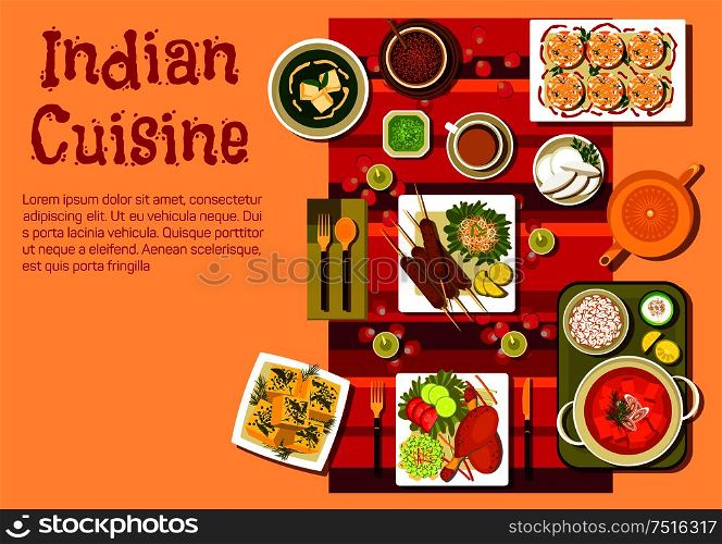Indian national cuisine dishes on festive table with candles, rose petals and curry with rice, kebab and tandoori chicken legs, vegetables and lemons, spinach soup with cheese, dessert and tea. Indian cuisine dishes and snacks