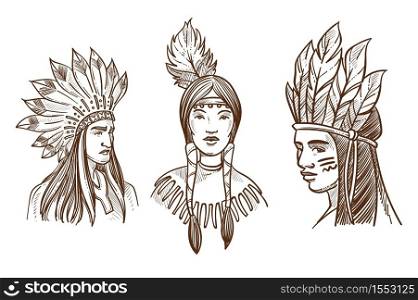 Indian native American with hat of feathers sketch portraits vector men and woman with paint signs on face and piggtails tribe member tribal shaman or warrior ethnicity chief or leader isolated people. Native Americans isolated sketch portraits of Indians