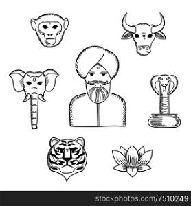 Indian nature and national symbols in sketch style with indian man in turban with holy cow, elephant, cobra, monkey, lotus, tiger. For travel design usage. Indian nature and national symbols icons