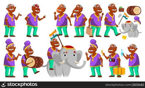 Indian Old Man Poses Set Vector. Elderly People. Hindu In Turban. Senior Person. Aged. Traditional Festival, Parade. Elephant. Activity. Advertisement Announcement Design Illustration. Indian Old Man Poses Set Vector. Elderly People. Hindu In Turban. Senior Person. Aged. Traditional Festival, Parade. Elephant. Activity. Advertisement, Greeting, Announcement Design. Illustration