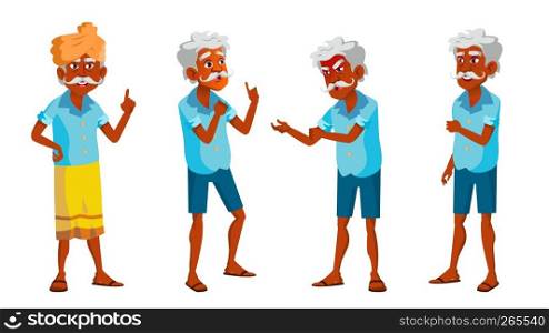 Indian Old Man Poses Set Vector. Elderly People. Senior Person. Hindu. Asian. Aged. Smile. Web, Poster Booklet Design Isolated Illustration. Indian Old Man Poses Set Vector. Elderly People. Senior Person. Hindu. Asian. Aged. Smile. Web, Poster, Booklet Design. Isolated Cartoon Illustration