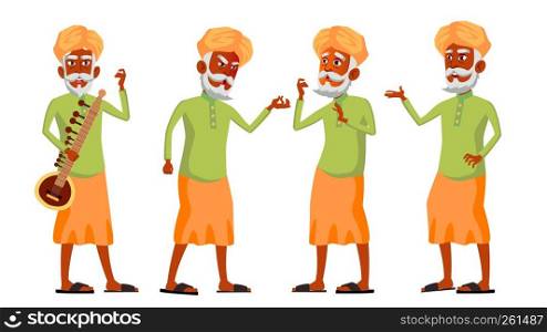 Indian Old Man Poses Set Vector. Hindu. Asian. Elderly People. Senior Person. Aged. Lifestyle. Postcard, Cover Placard Design Isolated Illustration. Indian Old Man Poses Set Vector. Hindu. Asian. Elderly People. Senior Person. Aged. Lifestyle. Postcard, Cover, Placard Design. Isolated Cartoon Illustration